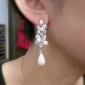 Pearl Diamond Silver Dangle Drop Earrings Bridal New